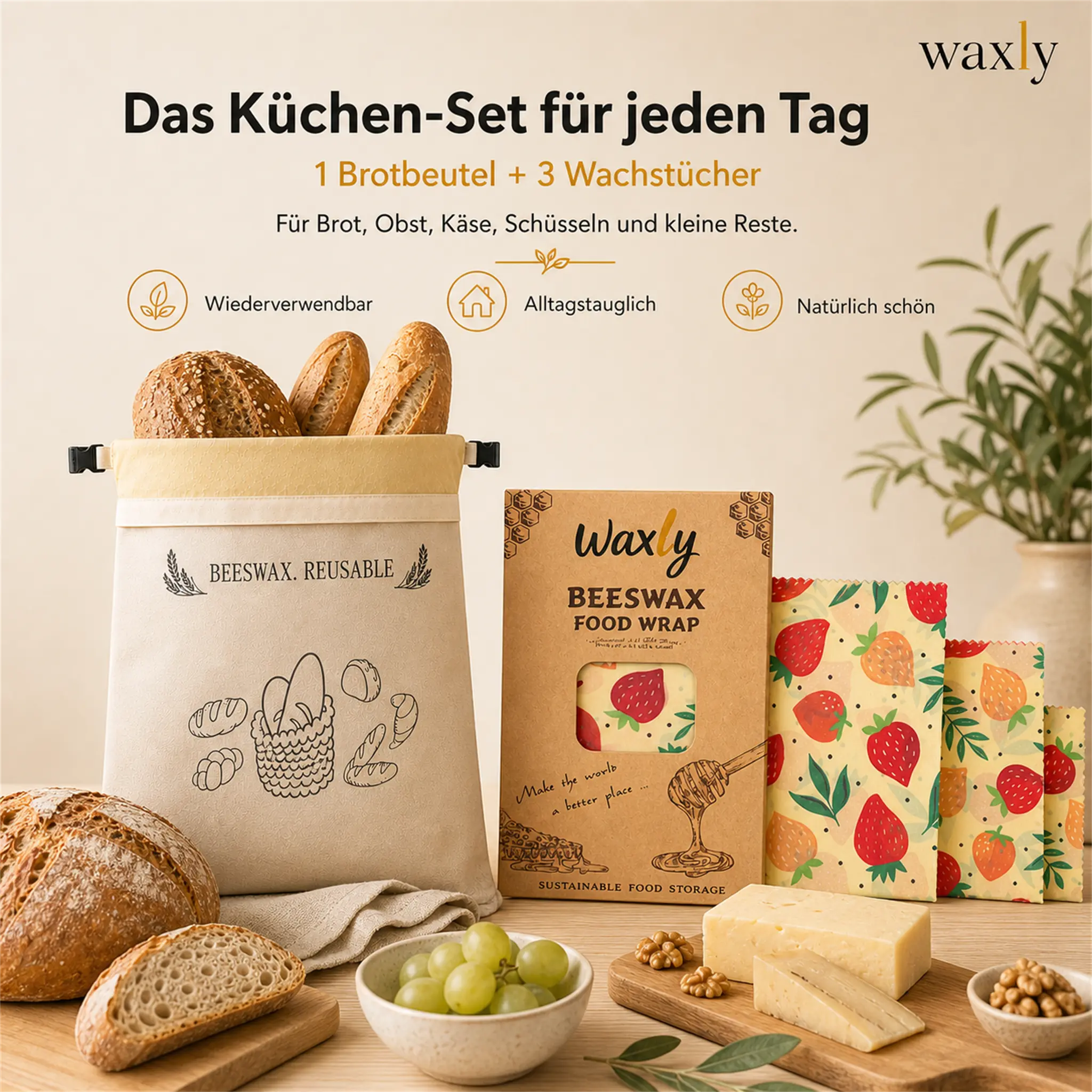 Bienenwachstücher 3er-Set mit Brotbeutel