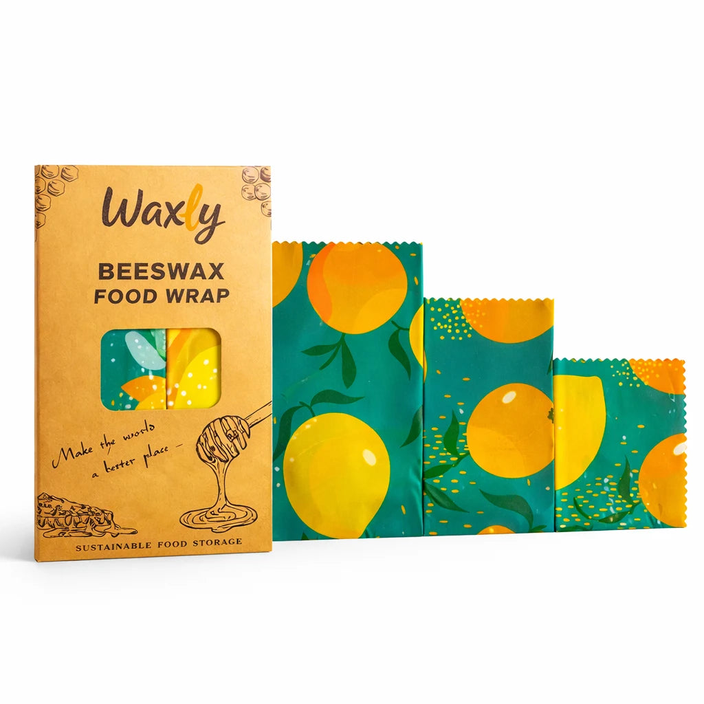 Waxly Bienenwachstücher 3er-Set mit Aprikosenmuster und Produktverpackung