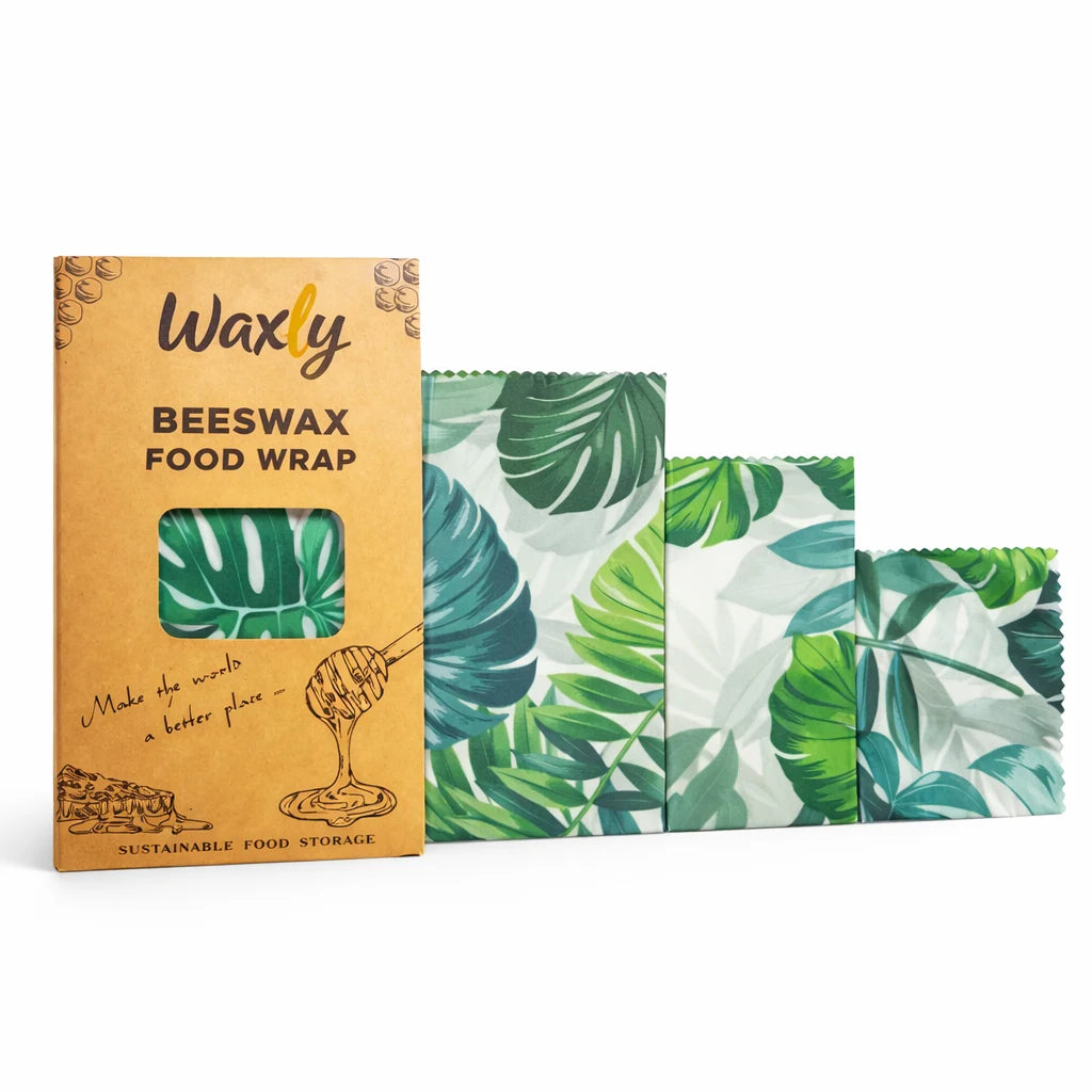 Waxly Bienenwachstücher 3er-Set mit grünem Blattmuster und Produktverpackung