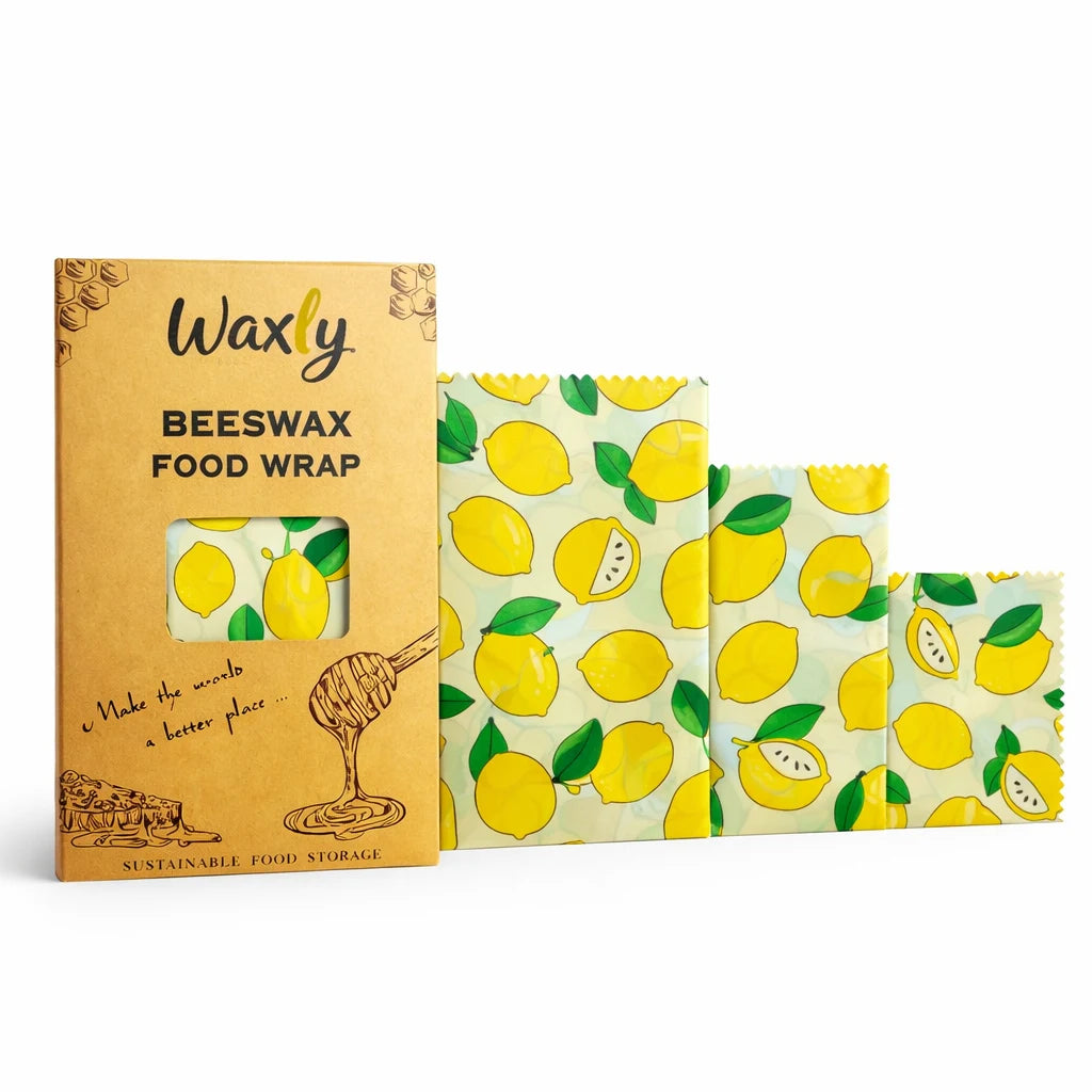 Waxly Bienenwachstücher 3er-Set mit Zitronenmuster und Produktverpackung