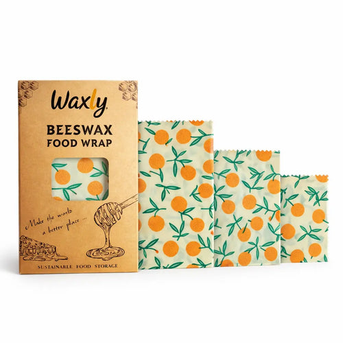 Waxly Bienenwachstücher 3er-Set mit Orangenmuster und Produktverpackung