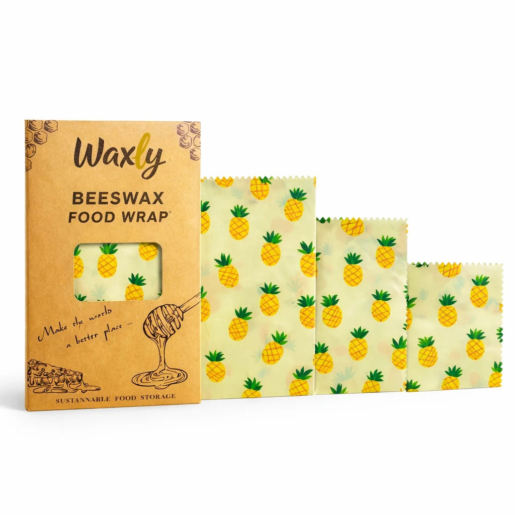 Waxly Bienenwachstücher 3er-Set mit Ananasmuster und Produktverpackung