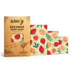 Waxly Bienenwachstücher 3er-Set mit Erdbeermuster und Produktverpackung