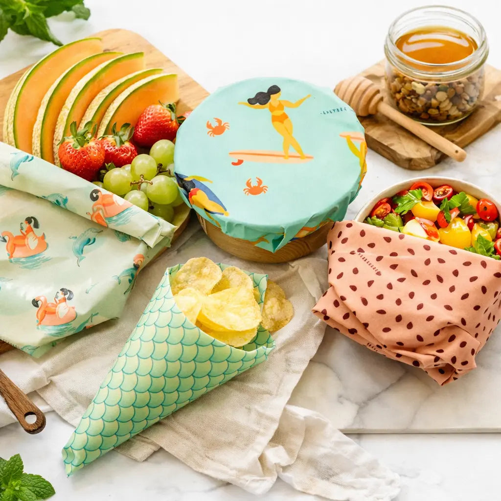 Wiederverwendbare Waxly Bienenwachstücher zum Frischhalten von Obst, Snacks, Salat und Schüsseln