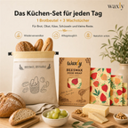 Waxly Küchen-Set mit wiederverwendbarem Brotbeutel und drei Bienenwachstüchern für Brot, Obst, Käse und Reste