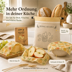 Wiederverwendbarer Waxly Brotbeutel und Bienenwachstücher im Alltag für Brot, Käse, Obst, Schüsseln und Reste