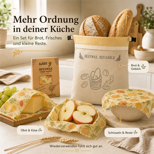 Wiederverwendbarer Waxly Brotbeutel und Bienenwachstücher im Alltag für Brot, Käse, Obst, Schüsseln und Reste
