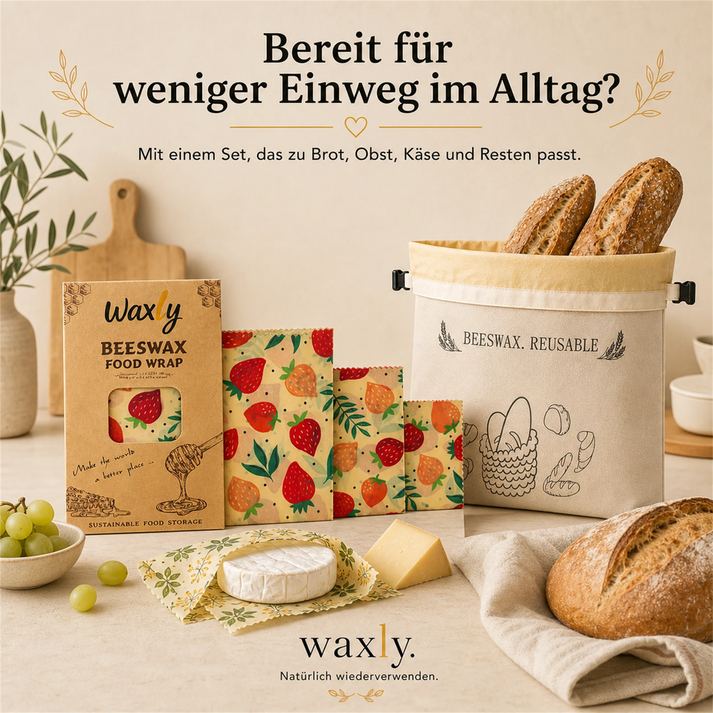 Waxly Brotbeutel und Bienenwachstücher als wiederverwendbare Alternative zu Einwegplastik in der Küche