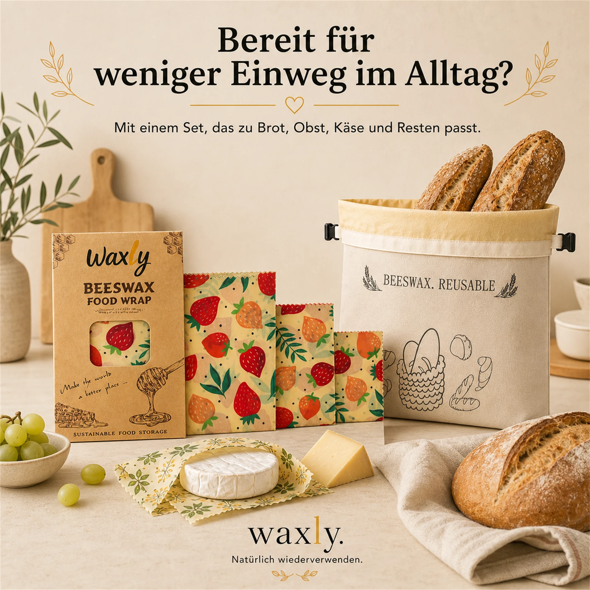 Waxly Brotbeutel und Bienenwachstücher als wiederverwendbare Alternative zu Einwegplastik in der Küche